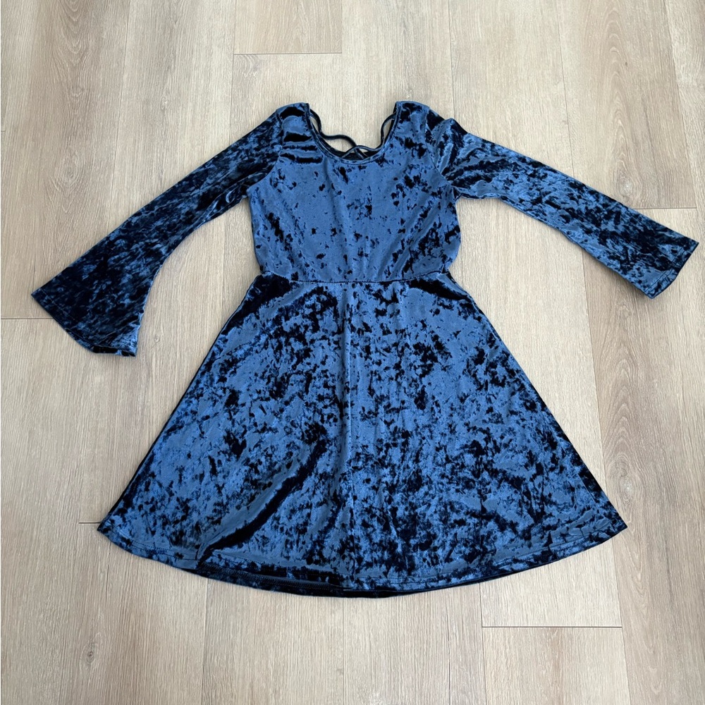 Kiss Kids Girls Dress Dark Blue Size 14 16 Crushed Velvet Flare Sleeves Skirt